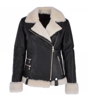 Women Biker Genuine Leather Jacket Side Zip with Sheepskin Collar Luxury